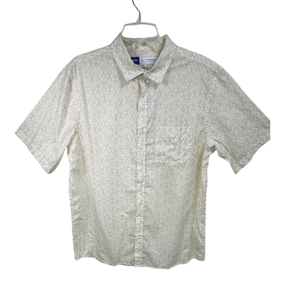 Old Navy Everyday Shirt Mens Large Tall Tan White Seashell Print Button Down NEW